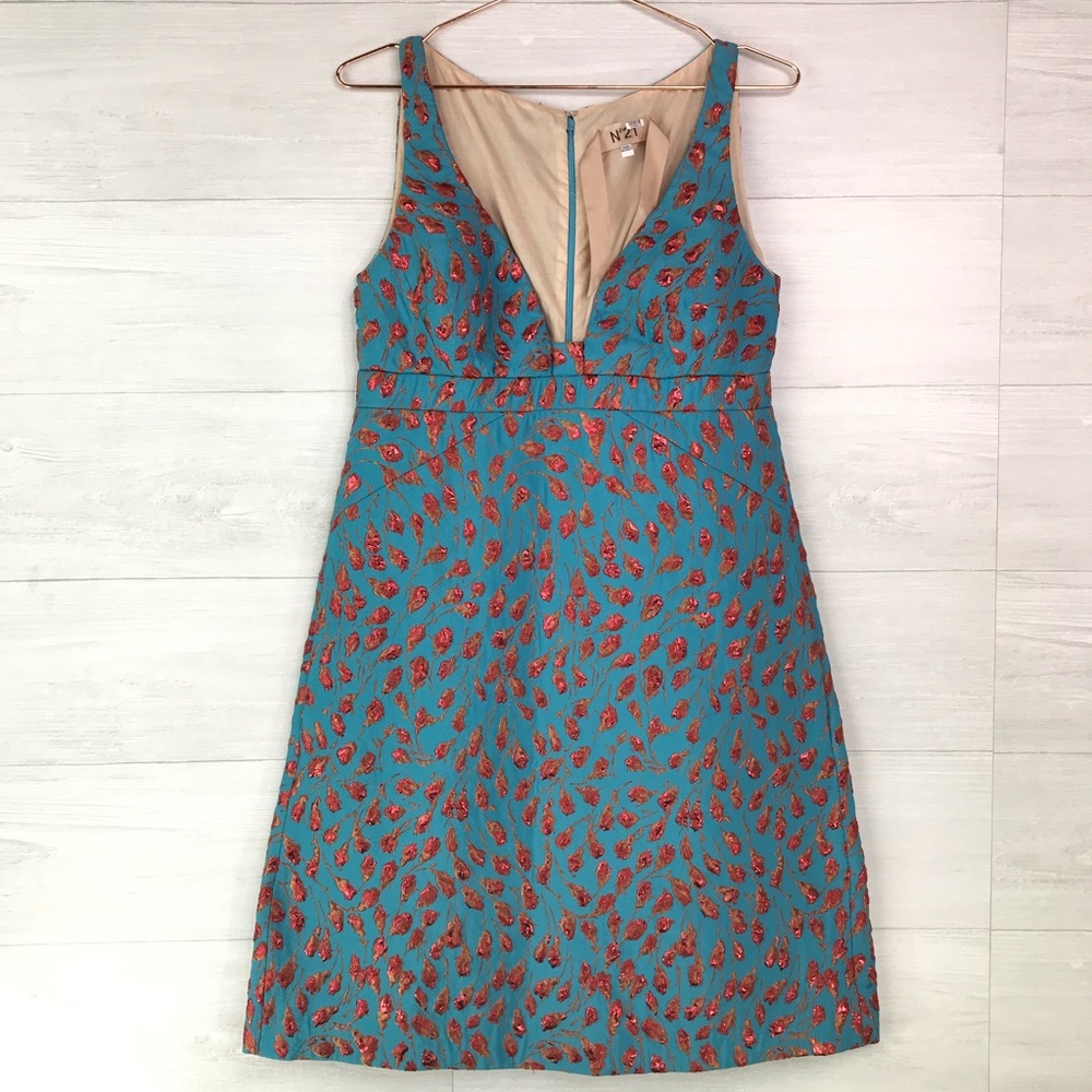 No 21 Italy Turquoise Teal Floral Deep V Dress
